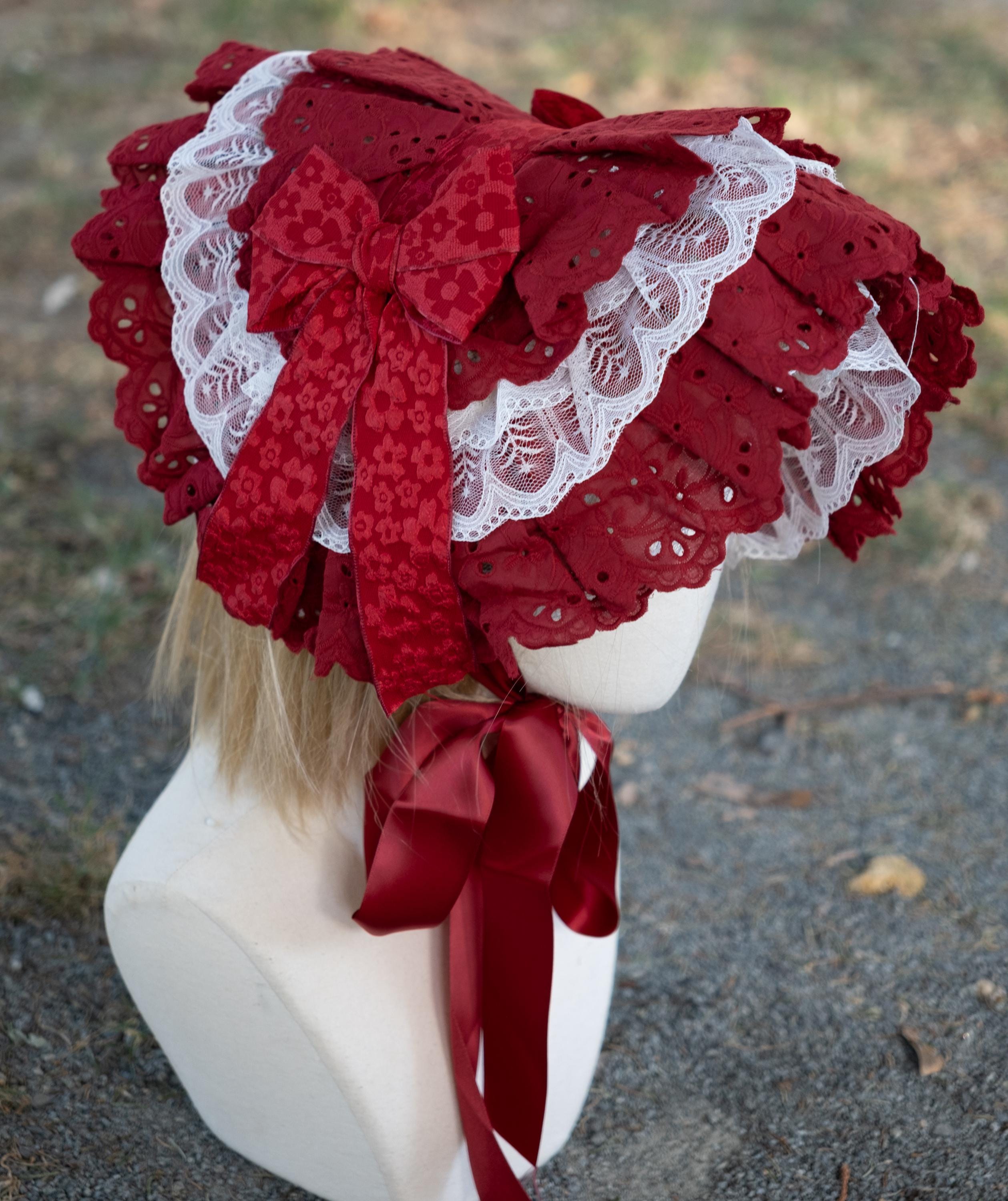 Red Prairie BONNET HAND MADE lace ruffle trim ribbon neck tie costume OS womens Amazon.com: Red Lace Ruffle Trim for Crafts 1-5/8 main image 3