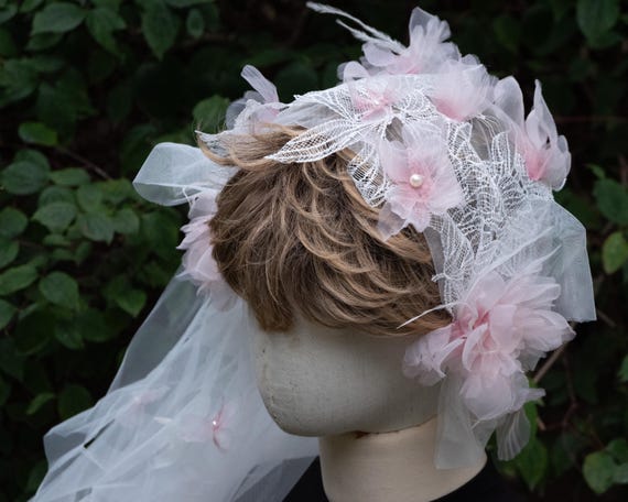 Wedding Bridal Veil, White With Pink Flowers, Ren Faire 