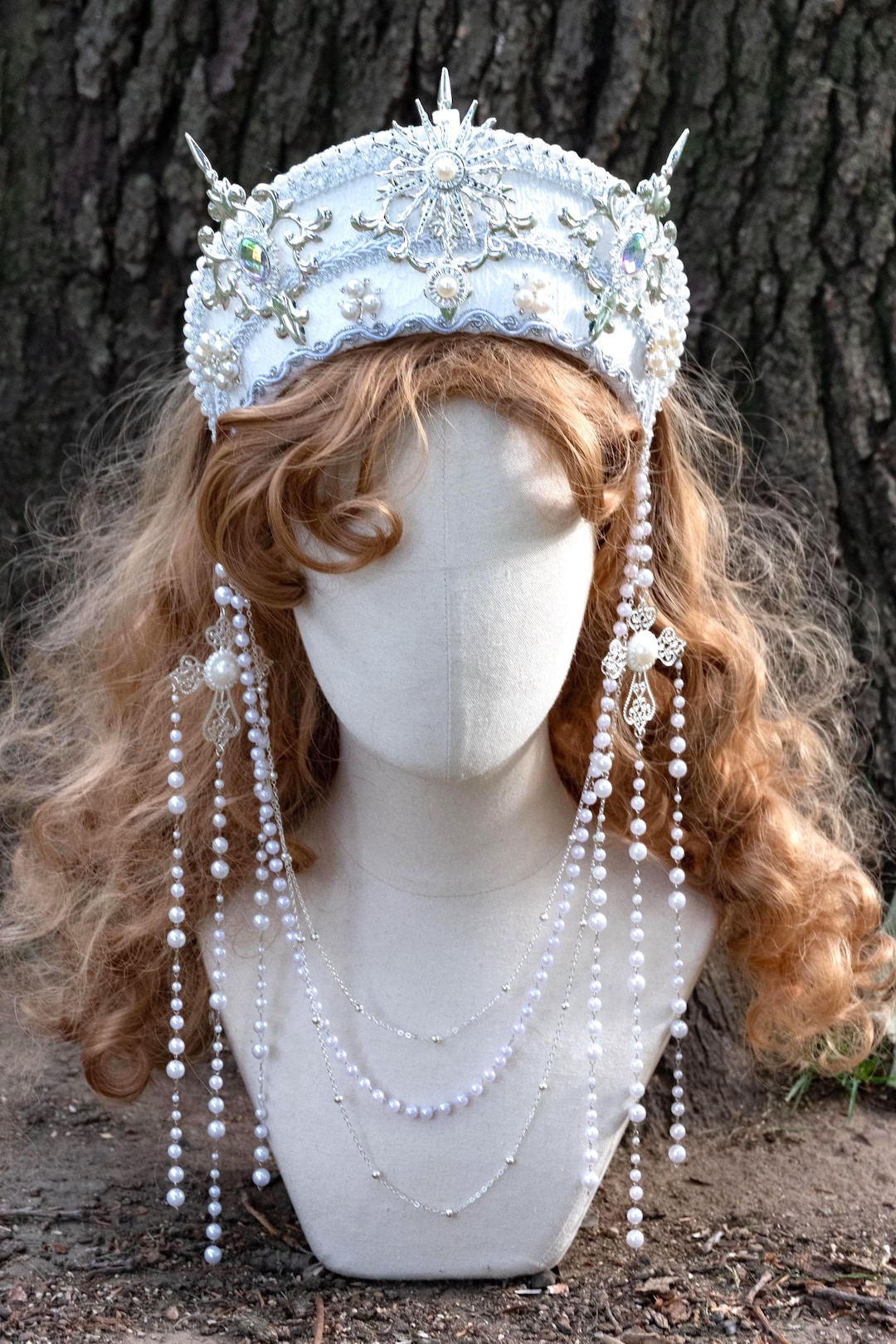 Vintage Pearl Headband Crown Bridal Princess Tiara Rhinestone Medieval Men main image 4