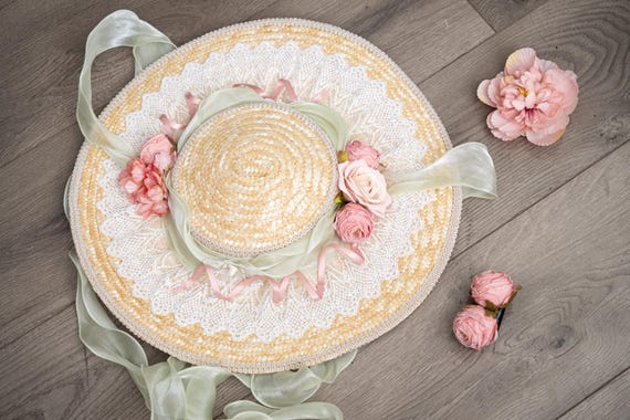 Ship After 08/15 | Victorian Bonnet, Pink Beige Green, With