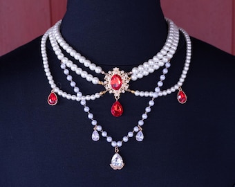 Lolita Necklace Baroque Rococo Ruby Pearl Red White Gold Classic Vintage Retro Lace Royal Princess