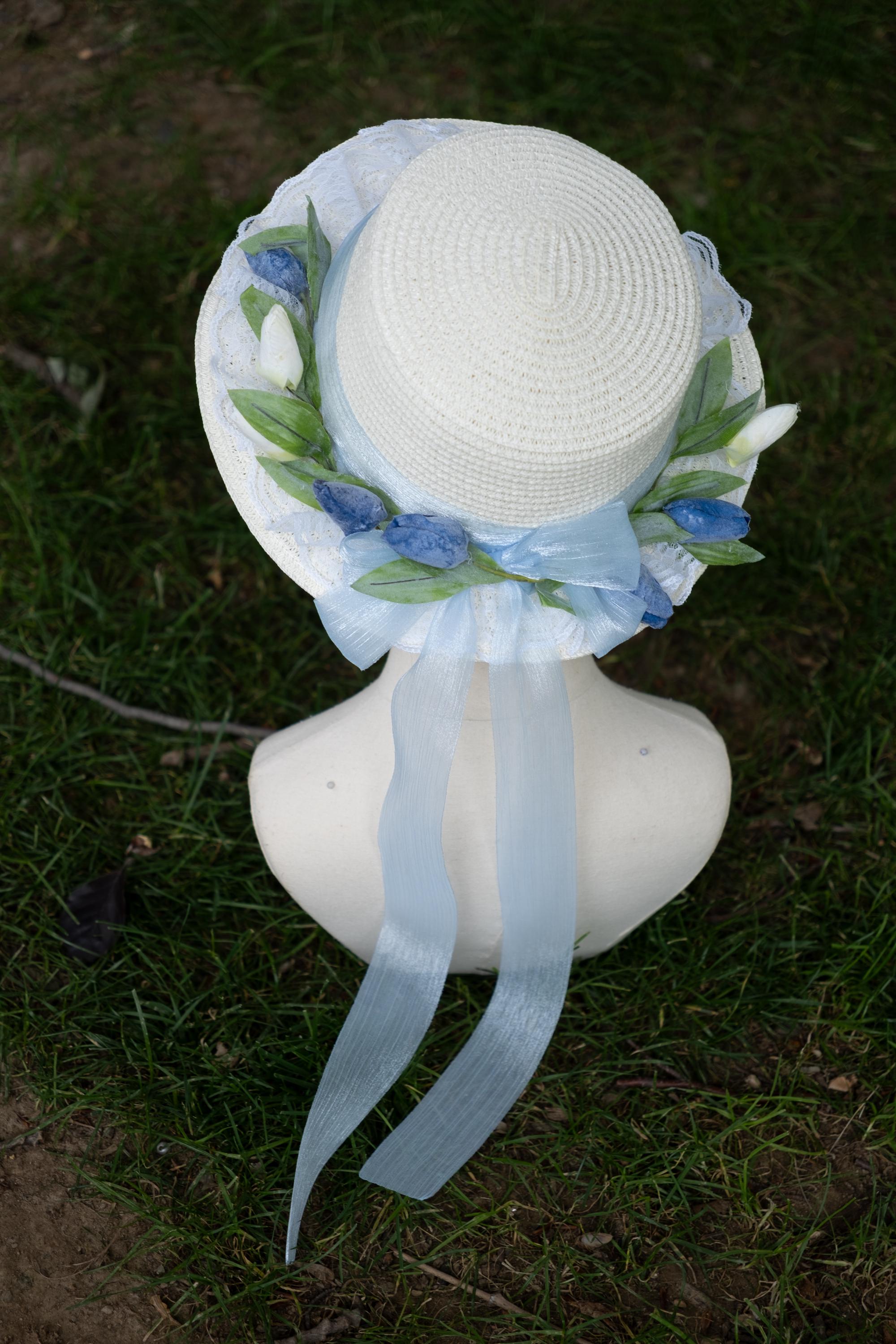 Victorian Bonnet With Blue Tulips and Ribbons, Adult Size, Basket