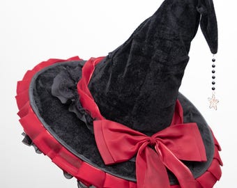 Black witch hat with red ribbons, Halloween witch hat, ren faire, gothic