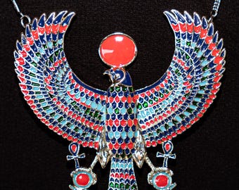 Replica ancient Egyptian pendant necklace, falcon pectoral of Tutankhamun, God Ra amulet pendant, gold-plated, glaze painted by hand