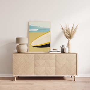 Surfboard Art Print, Coastal Wall Art, Ocean Waves Inspired Decor, Surfboard on the Beach, Beach Wall Art, Minimalist Surfing Wall Art,