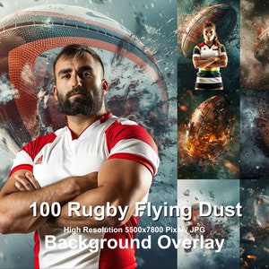 May include: A composite image featuring a rugby player in a red and white jersey, a rugby ball, and several action shots of rugby balls exploding. The text "100 Rugby Flying Dust Background Overlay" is visible.