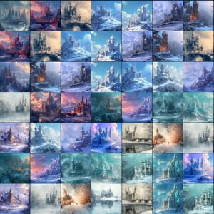 May include: A digital collage of 36 images depicting a snow-covered castle in various settings. The castle is surrounded by snow-capped mountains, a frozen lake, and a snowy forest. The sky is a mix of blue, gray, and pink.