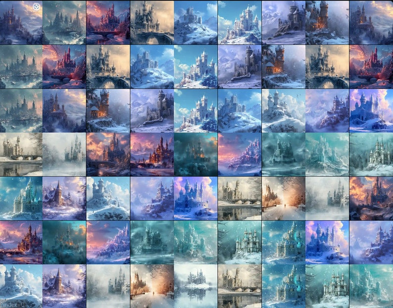 May include: A digital collage of 36 images depicting a snow-covered castle in various settings. The castle is surrounded by snow-capped mountains, a frozen lake, and a snowy forest. The sky is a mix of blue, gray, and pink.