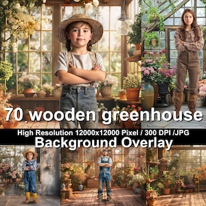 May include: A digital background overlay featuring a wooden greenhouse with a variety of plants and flowers. The greenhouse has a large window and a wooden door. There are two people standing in the greenhouse, one is a young person wearing a straw hat and the other is an adult wearing a brown shirt. The text "70. wooden greenhouse" is visible in the image.