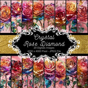 Digital texturiertes Scrapbook-Papier mit einer Kristallrose zum Valentinstag, verziert mit Diamanten und umgeben von Sternen und rosa Details
