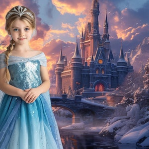 May include: A young girl wearing a blue and white sequined dress and a silver crown stands in front of a snowy castle with a bridge and a river.