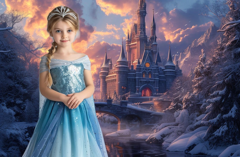 May include: A young girl wearing a blue and white sequined dress and a silver crown stands in front of a snowy castle with a bridge and a river.