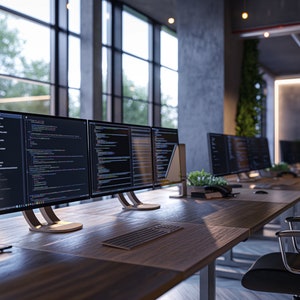 May include: A modern office workspace with multiple computer monitors displaying code. The monitors are on a long wooden desk with a keyboard and mouse. A black office chair is in the foreground.