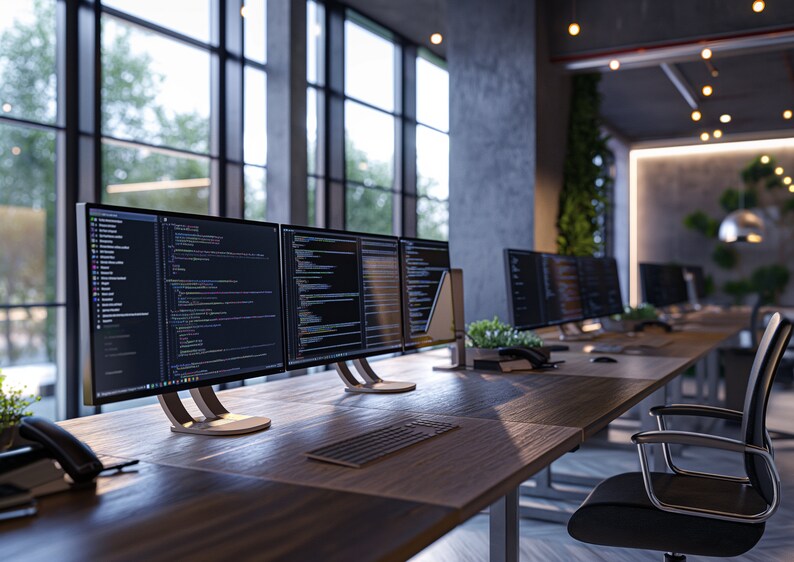 May include: A modern office workspace with multiple computer monitors displaying code. The monitors are on a long wooden desk with a keyboard and mouse. A black office chair is in the foreground.