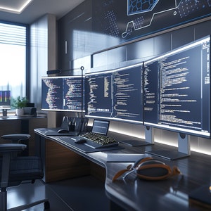 May include: A modern office workspace with a large desk and multiple computer monitors displaying lines of code. The desk is made of dark wood and has a sleek, minimalist design. A black office chair sits in the foreground.