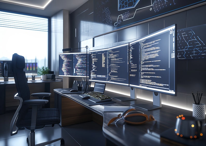 May include: A modern office workspace with a large desk and multiple computer monitors displaying lines of code. The desk is made of dark wood and has a sleek, minimalist design. A black office chair sits in the foreground.