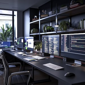 May include: A modern home office workspace with a black desk and multiple computer monitors displaying code. The desk is organized with a keyboard, mouse, and other office supplies. The room has a large window with a view of greenery.