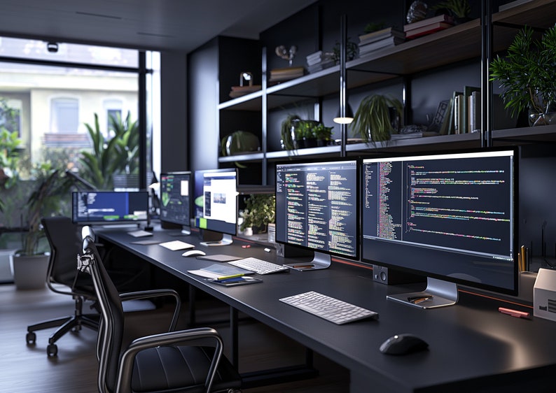 May include: A modern home office workspace with a black desk and multiple computer monitors displaying code. The desk is organized with a keyboard, mouse, and other office supplies. The room has a large window with a view of greenery.