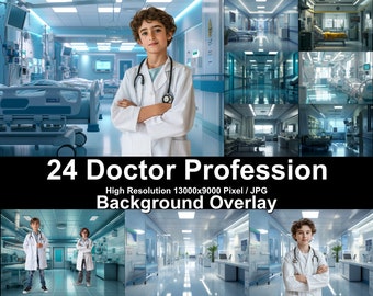 May include: A collage of 24 images featuring a young person dressed as a doctor in a hospital setting. The images show various hospital rooms, hallways, and equipment. The text "24 Doctor Profession High Resolution 13000x9000 Pixel / JPG Background Overlay" is displayed at the bottom of the collage.