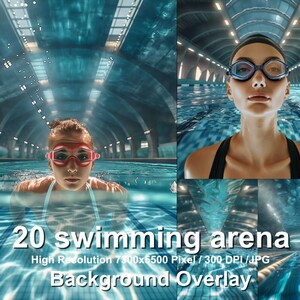May include: A collection of 20 high-resolution swimming arena background overlays. The images feature a blue swimming pool with a swimmer wearing goggles. The images are 7300x6500 pixels and 300 DPI.