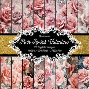 Scrapbook-Papier mit digitalen Texturen, die die rosa Rosen von Valentine darstellen, verziert mit Sternen- und Rouge-Details, die an Ölgemälde erinnern