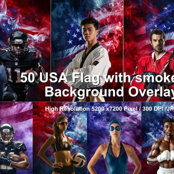 50 USA Flags with Smoke -themed images for sports photo backgrounds, featuring digital backdrops suitable for Photoshop edits overlays