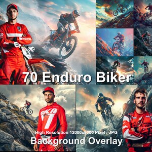 May include: A collage of images featuring a motocross rider in red and white gear, riding a dirt bike on a rocky mountain trail. The images are set against a backdrop of dramatic skies and rugged terrain. The text "70 Enduro Biker" is superimposed on the collage. High Resolution 12000x9000 Pixel/JPG Background Overlay.