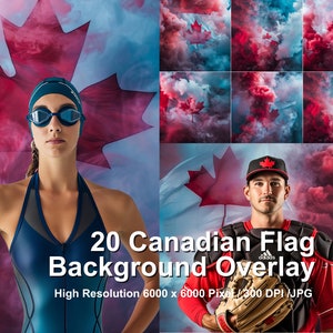 May include: 20 digital background overlays featuring a Canadian flag with red and white colours and smoke in blue, red, and white. The overlays are high resolution, 6000 x 6000 pixels, 300 DPI, and in JPG format.