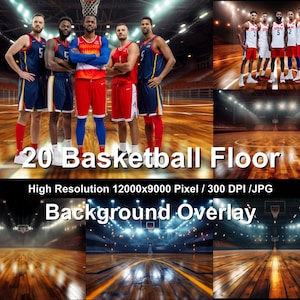 スポーツ写真の背景に使えるバスケットボールコートの画像20枚。Photoshop編集のオーバーレイに適したデジタル背景を特徴としています。