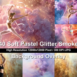 May include: 40 digital backgrounds featuring soft pastel coloured smoke with glitter. High resolution 12000x12000 pixels, 300 DPI, JPG format. Background Overlay.