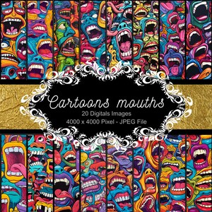 May include: A digital collage of 20 cartoon mouths in various colors and expressions. The mouths are arranged in a grid pattern and are set against a black background. The text "Cartoons mouths" is displayed in a gold frame.