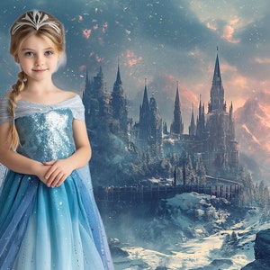 May include: A young girl wearing a blue and silver sequined dress with a crown on her head. She is standing in front of a snowy mountain range with a castle in the background.