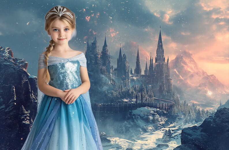 May include: A young girl wearing a blue and silver sequined dress with a crown on her head. She is standing in front of a snowy mountain range with a castle in the background.