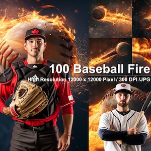 May include: A baseball player wearing a red jersey and black trousers is holding a baseball glove. The baseball is on fire and there are flames in the background. The text "100 Baseball Fire" is written on the image. High Resolution 12000 x 12000 Pixel / 300 DPI / JPG