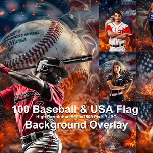 May include: A composite image featuring a baseball player swinging a bat, a baseball, and the American flag. The image includes the text "100 Baseball & USA Flag Background Overlay" and is set against a fiery backdrop. Additional images of baseball players are also included.