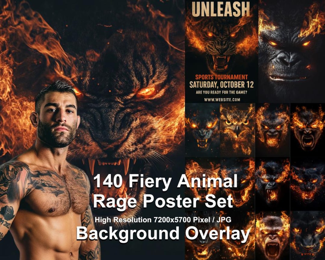 Fiery Animal Rage Poster Set: Sports Motivation Art (digital Download ...