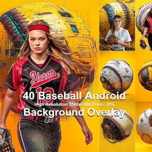 May include: A young woman wearing a red and black baseball uniform with the word "Sleeves" on the front and the number "13" on the back. She is holding a baseball glove and standing in front of a yellow background with a baseball graphic. The text "40 Baseball Android High Resolution 5500x7800 Pixel / JPG Background Overlay" is written in white letters on the image.