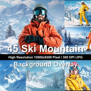 May include: A collage of images featuring skiers in winter mountain landscapes. The images show skiers wearing colorful ski jackets and pants, with snowy mountains and trees in the background. The text "45 Ski Mountain" and "High Resolution 12000x9200 Pixel / 300 DPI / JPG" are also visible.