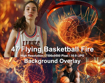 Flying Basketball Fire Digital Backdrop: Sports Photo Overlays (47 Images)
