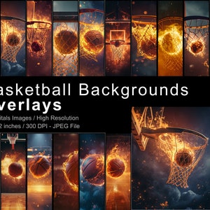 Photoshop 編集オーバーレイに適したデジタル背景を備えた、スポーツ写真の背景用のバスケットボールをテーマにした 20 枚の画像のコレクション