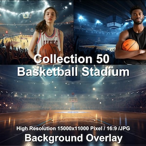 スポーツ写真の背景に使えるバスケットボールスタジアムの画像50枚のコレクション。Photoshop編集オーバーレイに適したデジタル背景を特徴としています。