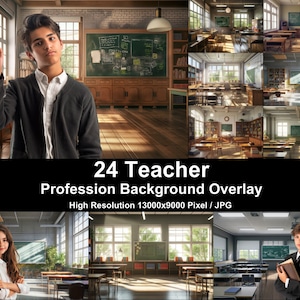 Puede incluir: 24 fondos de pantalla digitales de aula para profesores.  Imágenes de alta resolución de 13000x9000 píxeles en formato JPG.  Los fondos de pantalla presentan una variedad de configuraciones de aulas, que incluyen un aula tradicional con escritorios y sillas, un aula moderna con pizarrones y tecnología, y una biblioteca con estanterías y ventanas.