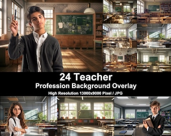 May include: 24 digital classroom backgrounds for teachers.  High resolution images are 13000x9000 pixels and in JPG format.  The backgrounds feature a variety of classroom settings, including a traditional classroom with desks and chairs, a modern classroom with whiteboards and technology, and a library with bookshelves and windows.
