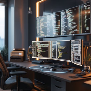 May include: A modern home office workspace with a black desk and a black leather office chair. The desk has a large monitor setup with four screens displaying code. The desk is also equipped with a keyboard, mouse, and a printer.