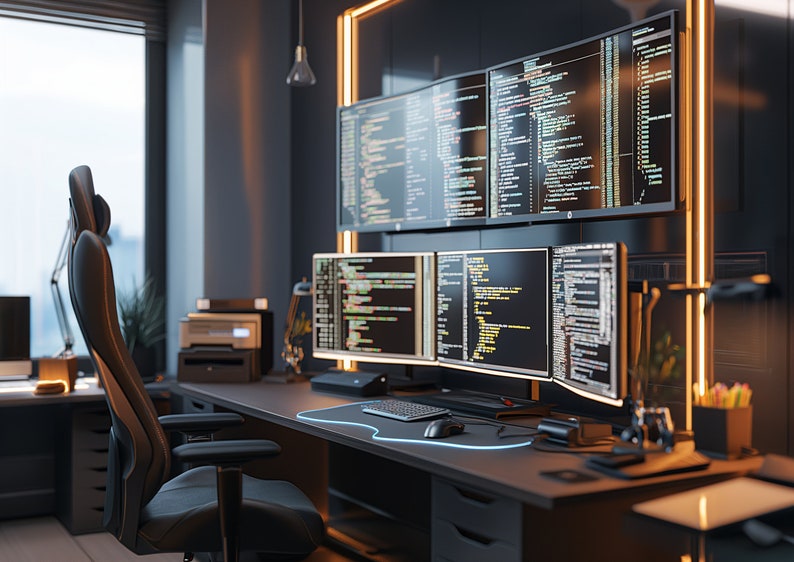 May include: A modern home office workspace with a black desk and a black leather office chair. The desk has a large monitor setup with four screens displaying code. The desk is also equipped with a keyboard, mouse, and a printer.