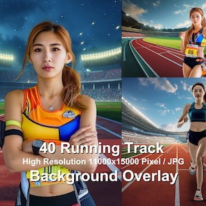 May include: Two women running on a red track at an outdoor stadium. The track is surrounded by bleachers and a green field. The sky is blue with white clouds. The image is a high-resolution background overlay for digital design.