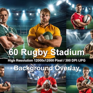 Peut inclure: Image composite de six joueurs de rugby dans un stade. Chaque joueur tient un ballon de rugby et porte des maillots de couleurs différentes. Le texte "60 Rugby Stadium Background Overlay" est inclus.