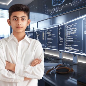 May include: A young person wearing a white button-down shirt stands with their arms crossed in front of a desk with multiple computer monitors displaying lines of code. The monitors are curved and have a dark background with white text.