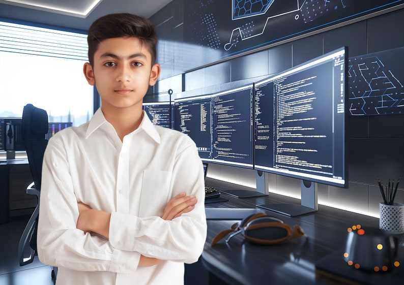 May include: A young person wearing a white button-down shirt stands with their arms crossed in front of a desk with multiple computer monitors displaying lines of code. The monitors are curved and have a dark background with white text.