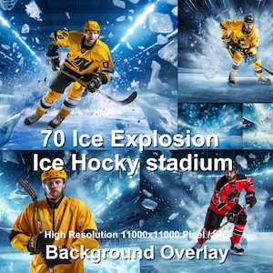 Könnte beinhalten: Ein digitaler Hintergrund-Overlay mit einem Hockeyspieler in gelber und schwarzer Uniform, der auf einer Eisbahn mit blauem und weißem Hintergrund Schlittschuh läuft. Das Bild ist mit "70 Ice Explosion Ice Hockey stadium High Resolution 11000x11000 Pixel / Background Overlay" beschriftet.
